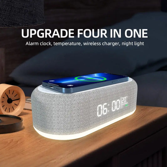 Despertador Carregador Sem Fio – Relógio LED, Luz Noturna, Termômetro e Base de Carregamento