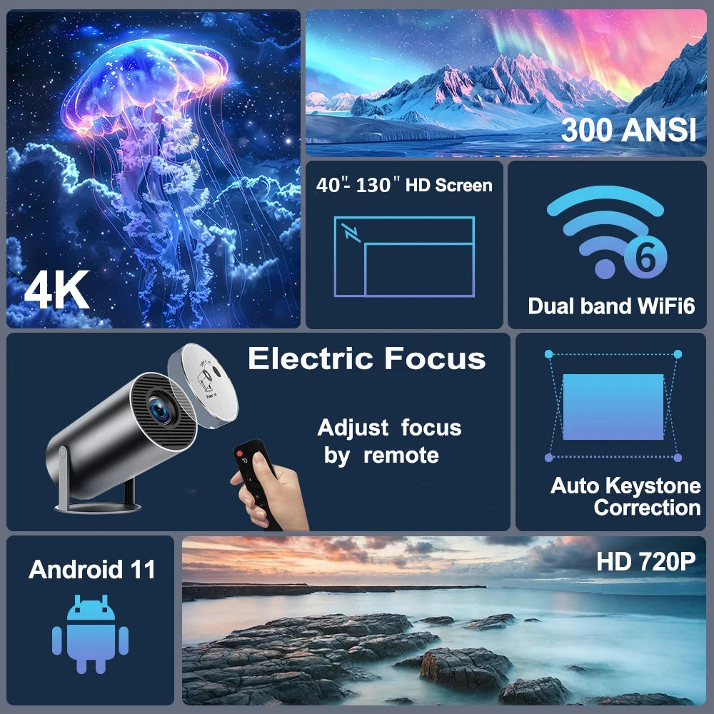 Projetor 4K Portátil  HY300 Plus foco eletrônico remoto  Bluetooth