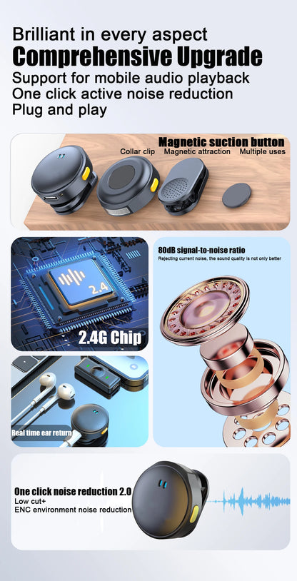 Microfone com Clip Magnético Sem Fio  – Plug and Play com Estojo de Carregamento