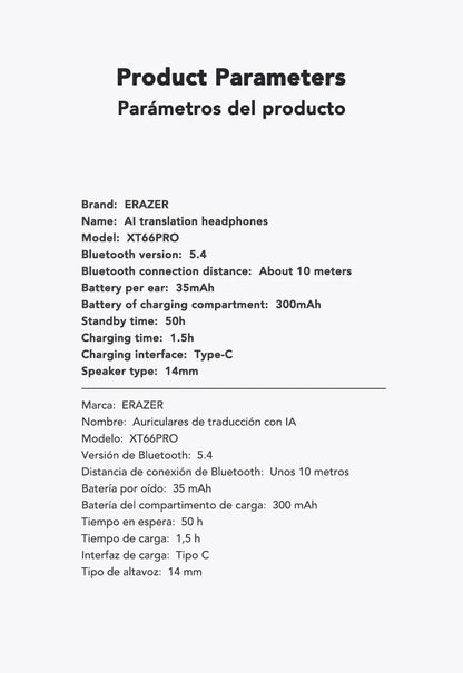 Fones de ouvido AI tradutor sem fio Bluetooth 5.4 135 Idiomas