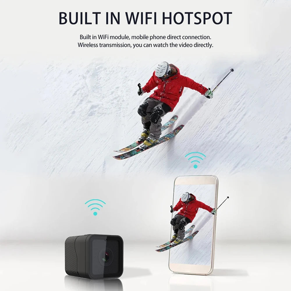 Mini Câmera Esportiva Portátil 1080P HD com Wi-Fi e Suporte à Prova d'Água