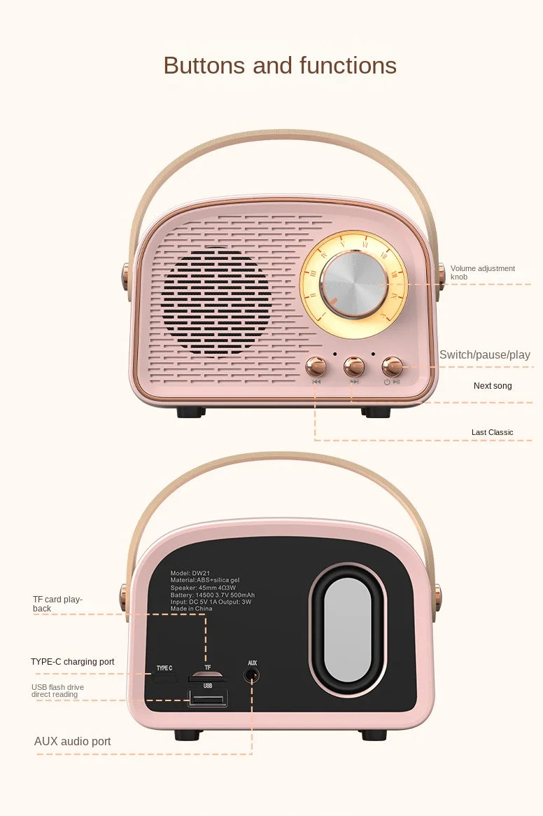 Caixa de Som Bluetooth Portátil - Som Estéreo Retro com Função FM