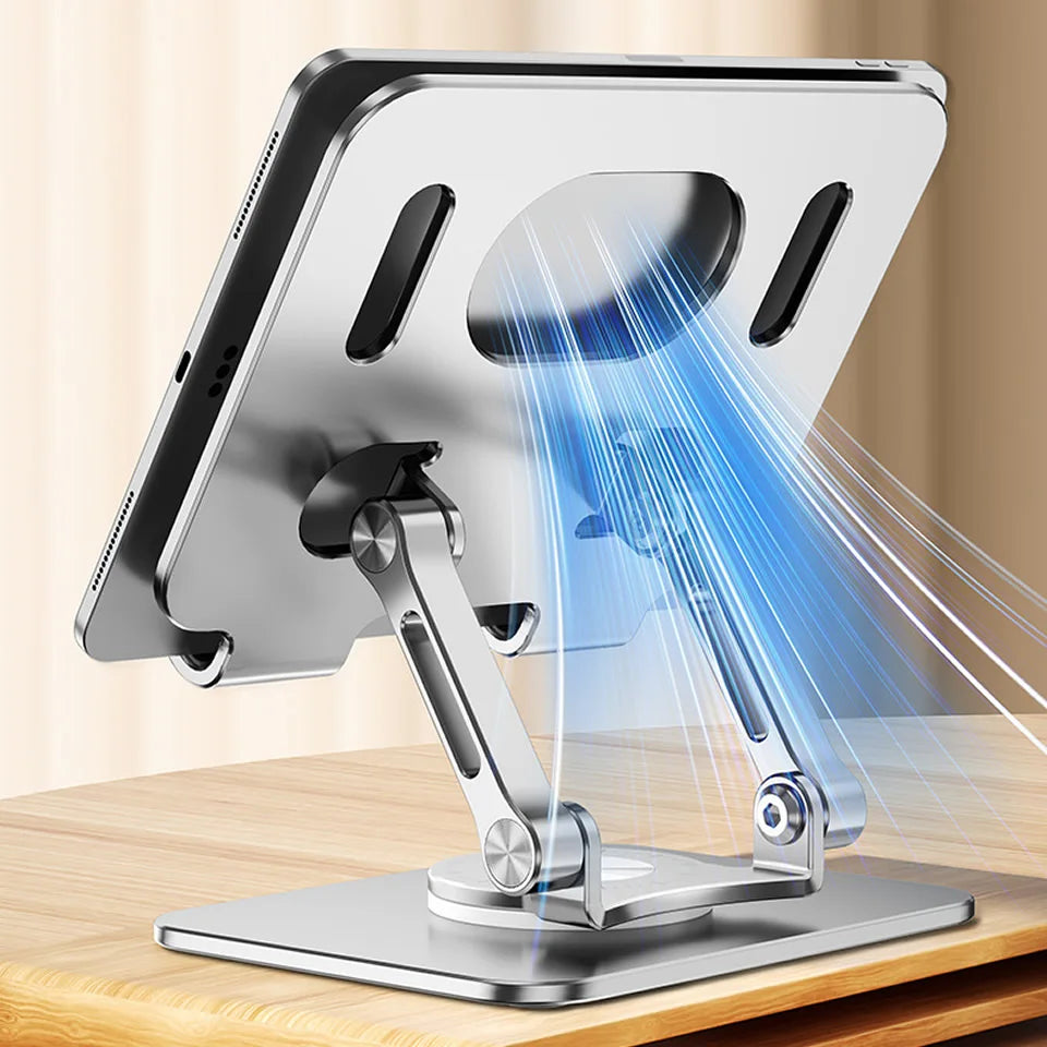 Suporte para Tablet com Rotação 360° – Ajustável, Dobrável e de Alumínio, Compatível com iPad Pro, Air, Mini e Smartphones