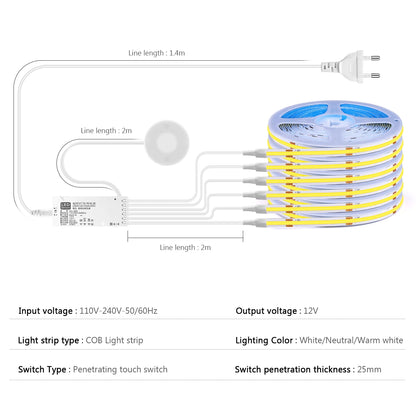 Fita LED  para  Armário com Sensor de Toque – Regulável, Ideal para Móveis de Madeira e Exposição