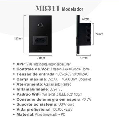 Interruptor Tomada inteligente touch wi fi com Neutro