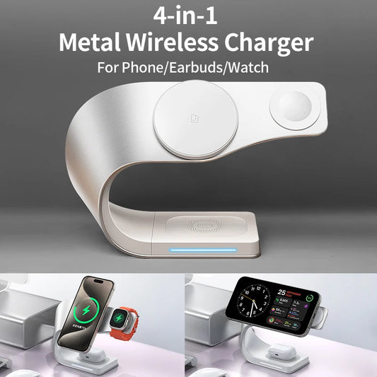 Carregador Sem Fio 4 em 1 com Estrutura de Metal – Rápido Magnético para iPhone , Apple Watch e AirPods