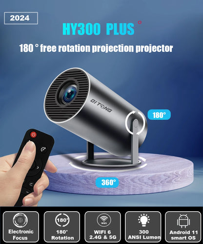 Projetor 4K Portátil  HY300 Plus foco eletrônico remoto  Bluetooth