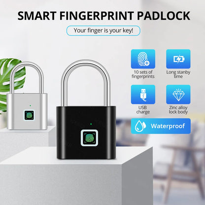 Cadeado Inteligente Biométrico – Desbloqueio por Impressão Digital, USB Recarregável, à Prova d’Água, Portátil e Antirroubo