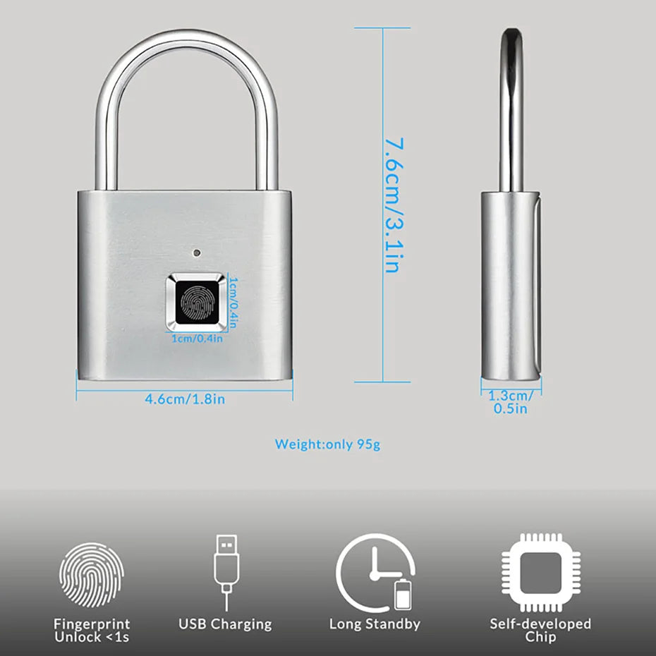 Cadeado Inteligente Biométrico – Desbloqueio por Impressão Digital, USB Recarregável, à Prova d’Água, Portátil e Antirroubo