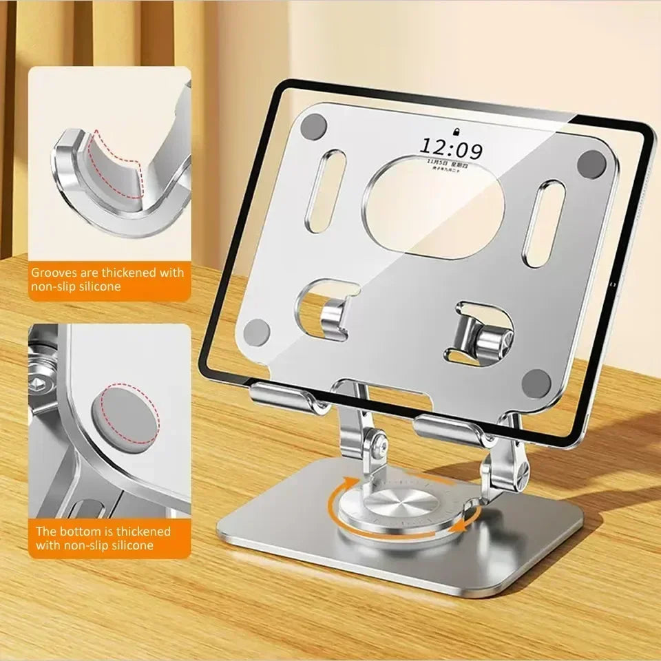 Suporte para Tablet com Rotação 360° – Ajustável, Dobrável e de Alumínio, Compatível com iPad Pro, Air, Mini e Smartphones