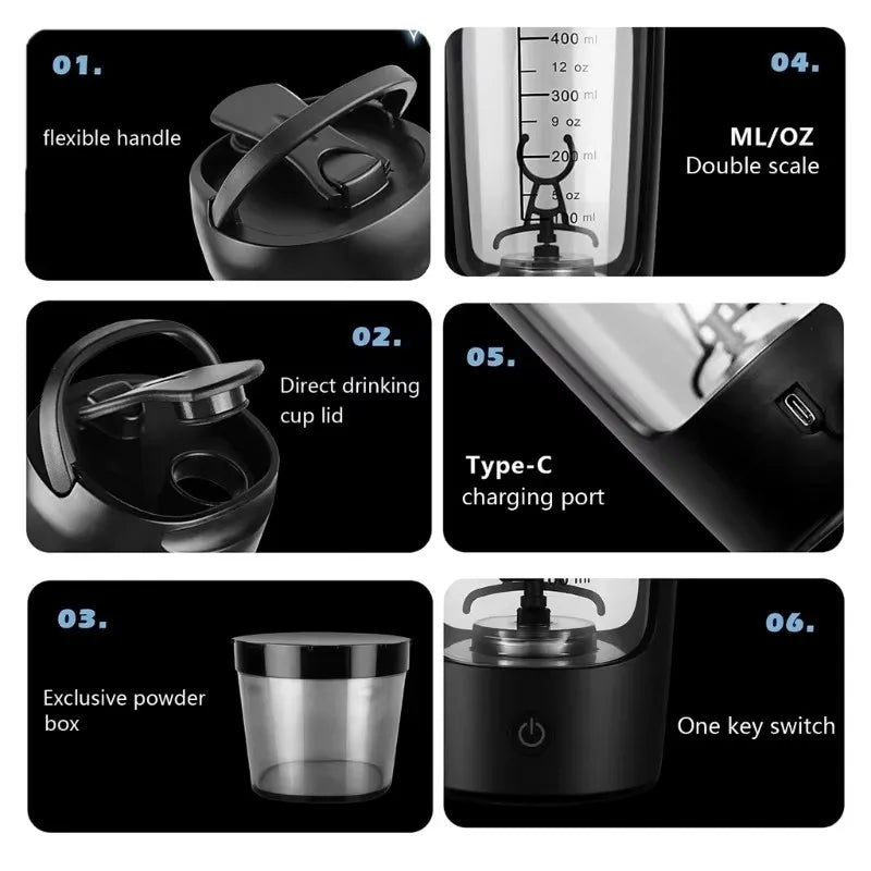 Copo Misturador Automático Portátil – 650ml, Recarregável, Ideal para Shakes de Proteína, Esportes e Fitness