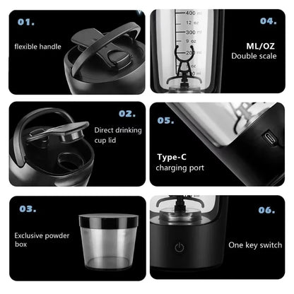Copo Misturador Automático Portátil – 650ml, Recarregável, Ideal para Shakes de Proteína, Esportes e Fitness