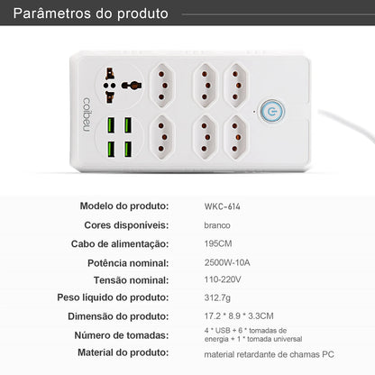Régua Extensão de Tomadas e Porta USB