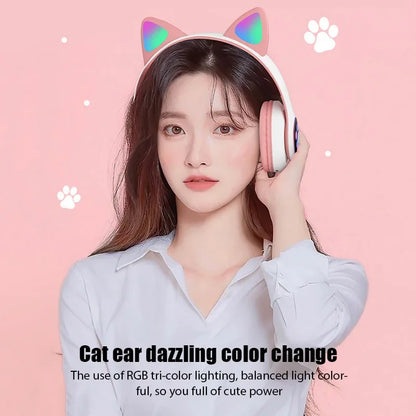 Fone de Ouvido Bluetooth com Orelhas de Gato - Som Estéreo com Luz LED