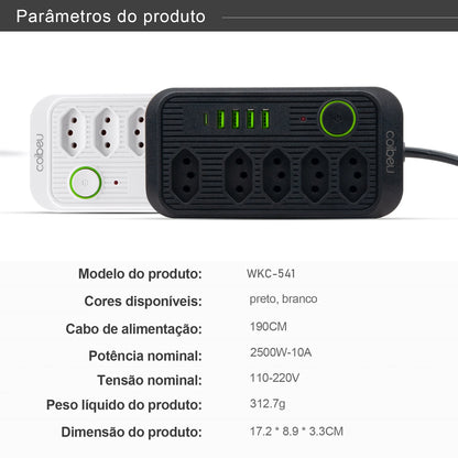 Régua Extensão de Tomadas e Porta USB