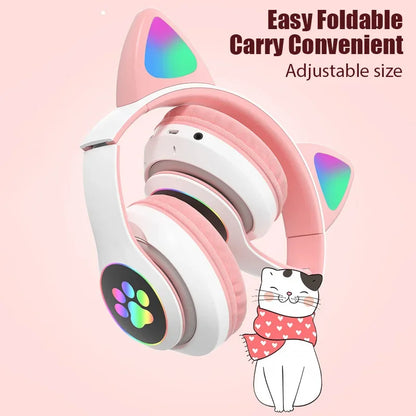 Fone de Ouvido Bluetooth com Orelhas de Gato - Som Estéreo com Luz LED
